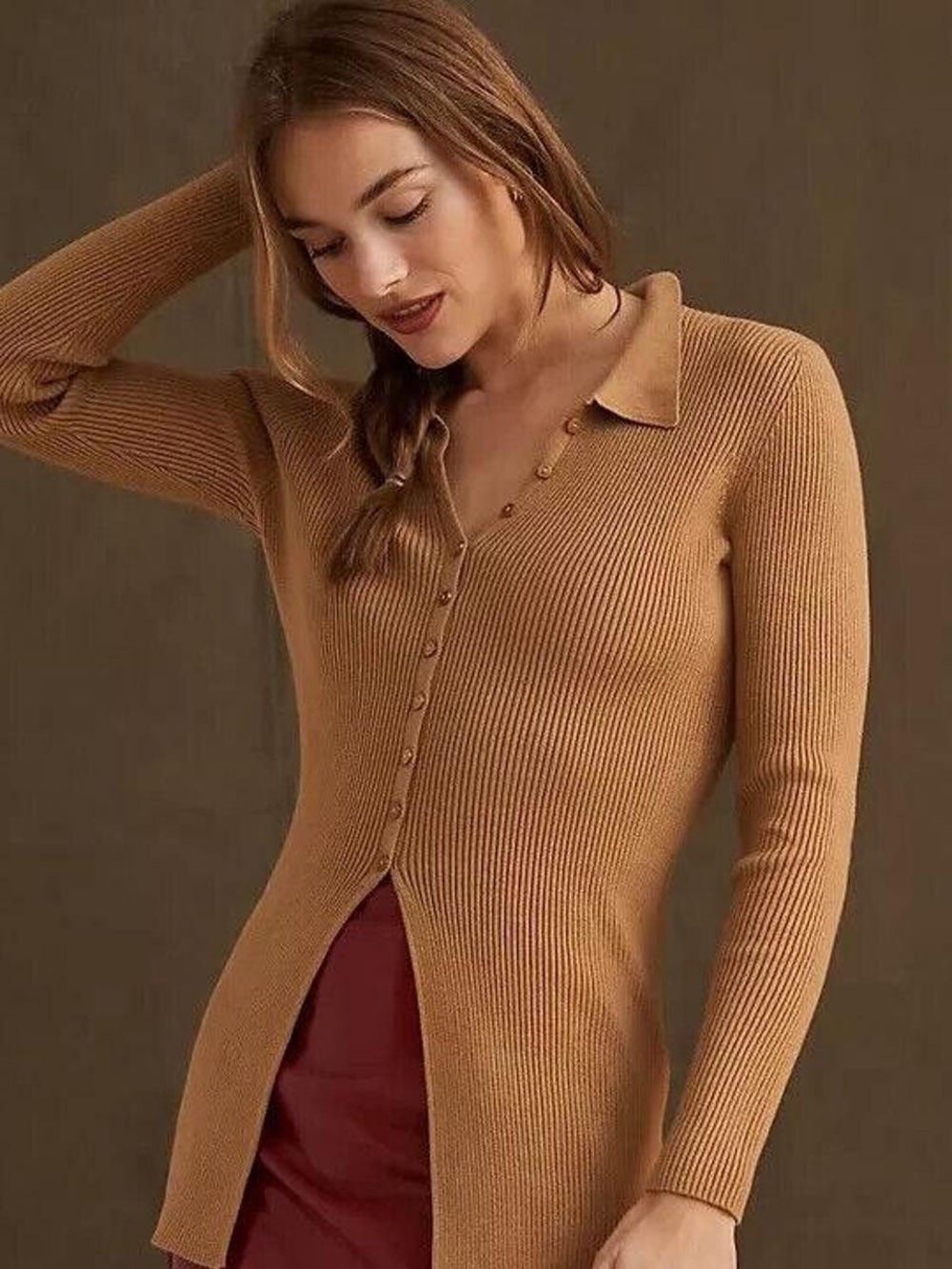 Anthropologie Maeve Ribbed Button-Front V-Neck Sweater in Camel Size Small